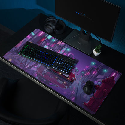 Mazda RX-7 FD Inspired Red Purple Vaporwave Gaming Mouse Pad, Neon JDM Sports Car Desk Mat with Retro Futuristic Japanese City Artwork