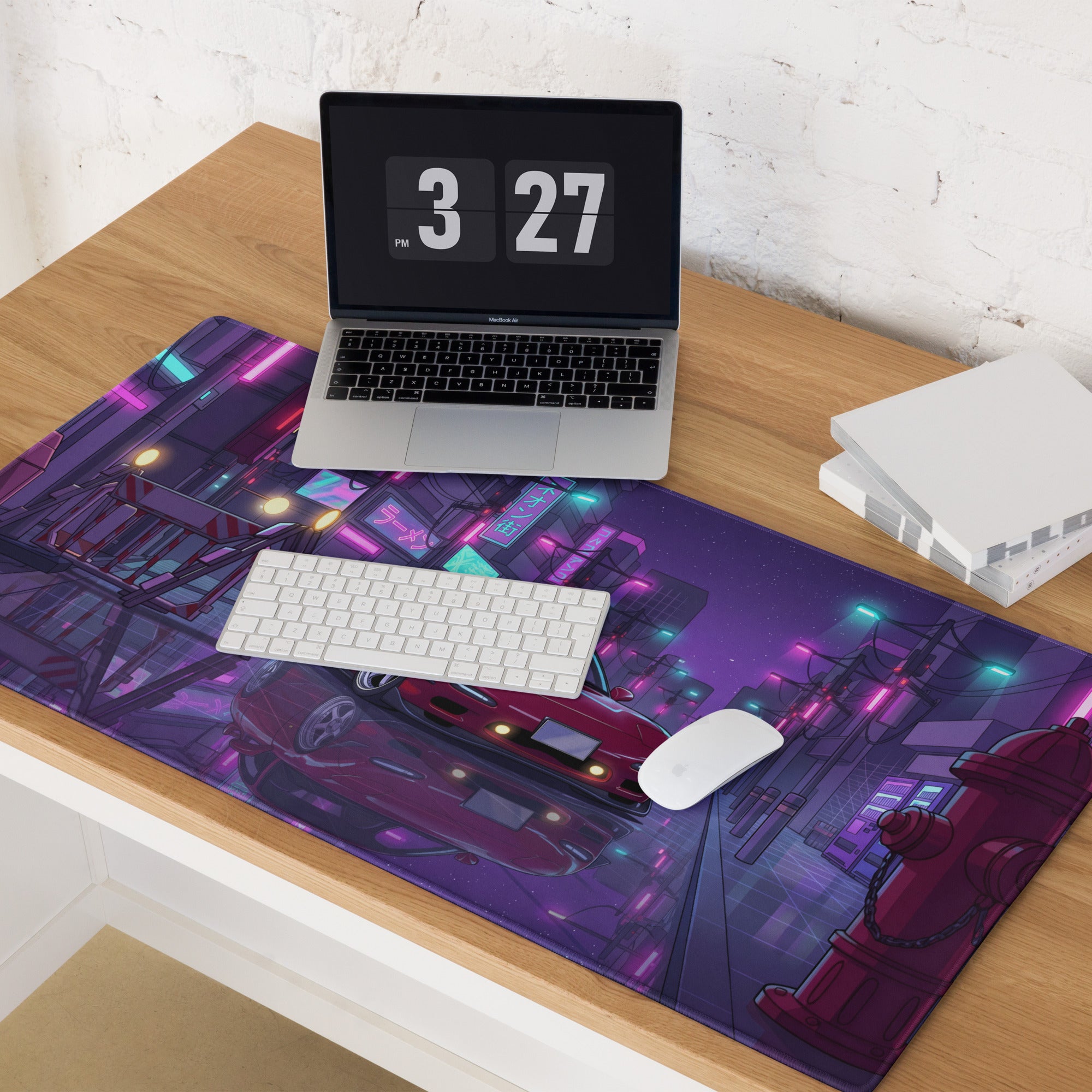 Mazda RX-7 FD Inspired Red Purple Vaporwave Gaming Mouse Pad, Neon JDM Sports Car Desk Mat with Retro Futuristic Japanese City Artwork
