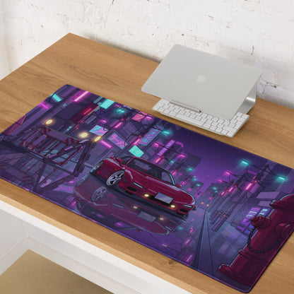 Mazda RX-7 FD Inspired Red Purple Vaporwave Gaming Mouse Pad, Neon JDM Sports Car Desk Mat with Retro Futuristic Japanese City Artwork