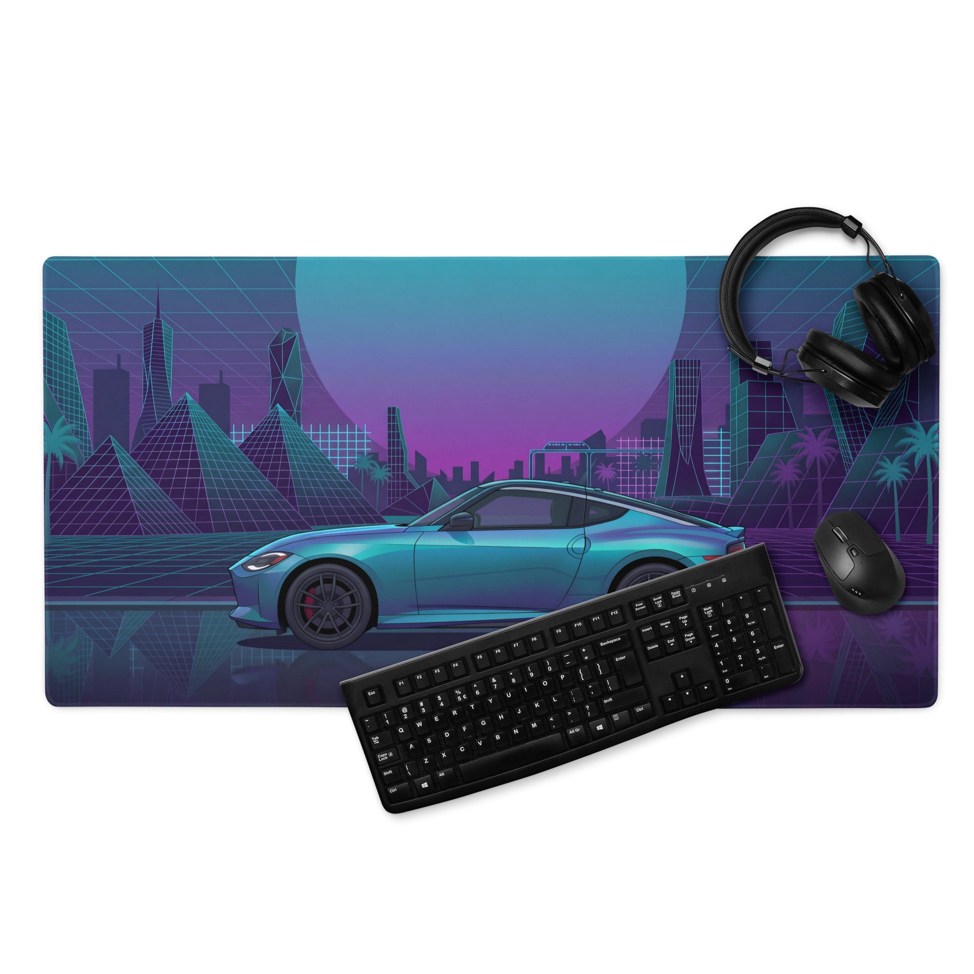 Nissan Z RZ34 Inspired Teal Purple Vaporwave Gaming Mouse Pad, Neon JDM Sports Car Desk Mat with Retro Futuristic Cyber City Artwork