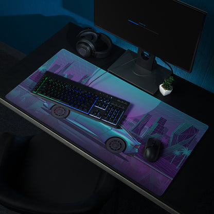 Nissan Z RZ34 Inspired Teal Purple Vaporwave Gaming Mouse Pad, Neon JDM Sports Car Desk Mat with Retro Futuristic Cyber City Artwork