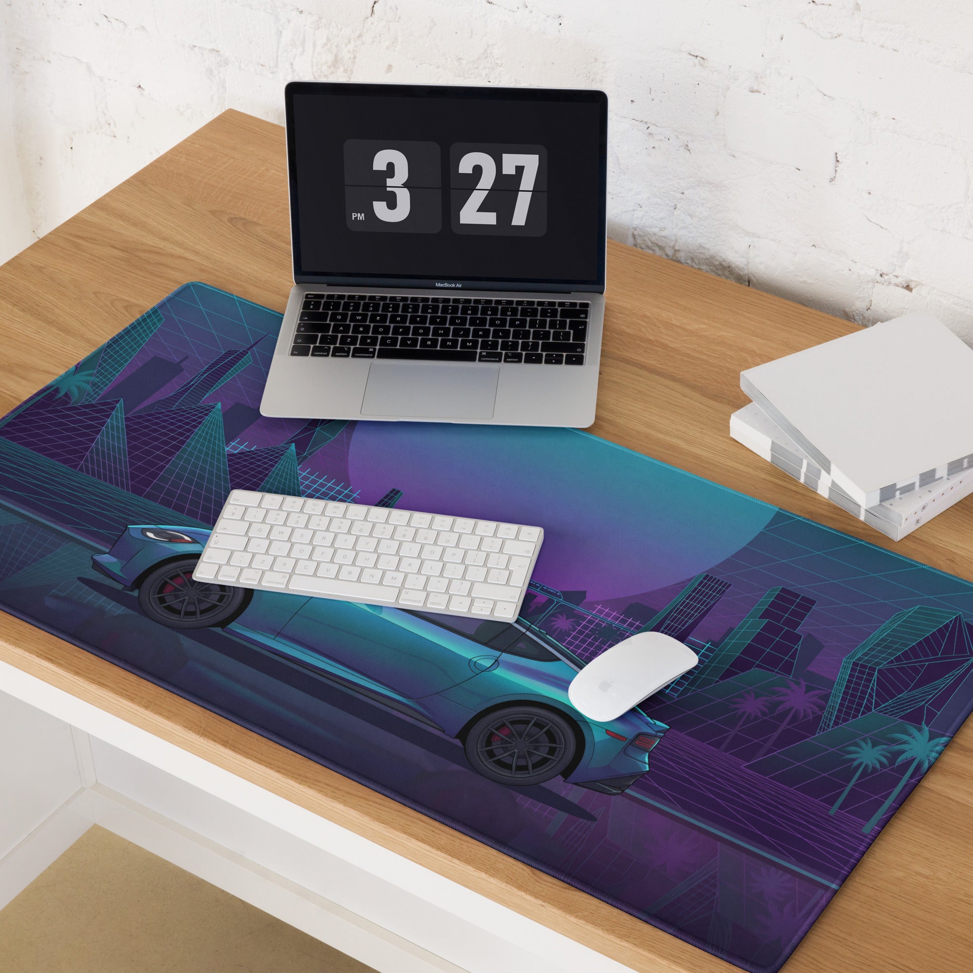 Nissan Z RZ34 Inspired Teal Purple Vaporwave Gaming Mouse Pad, Neon JDM Sports Car Desk Mat with Retro Futuristic Cyber City Artwork