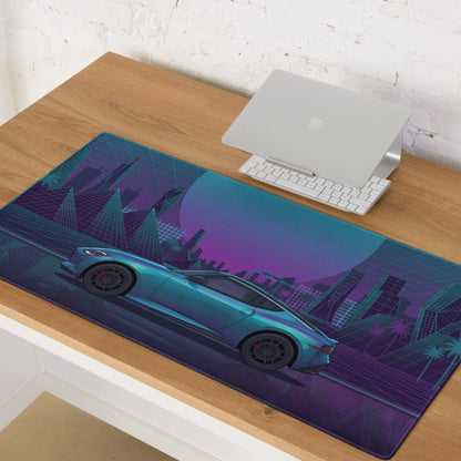 Nissan Z RZ34 Inspired Teal Purple Vaporwave Gaming Mouse Pad, Neon JDM Sports Car Desk Mat with Retro Futuristic Cyber City Artwork