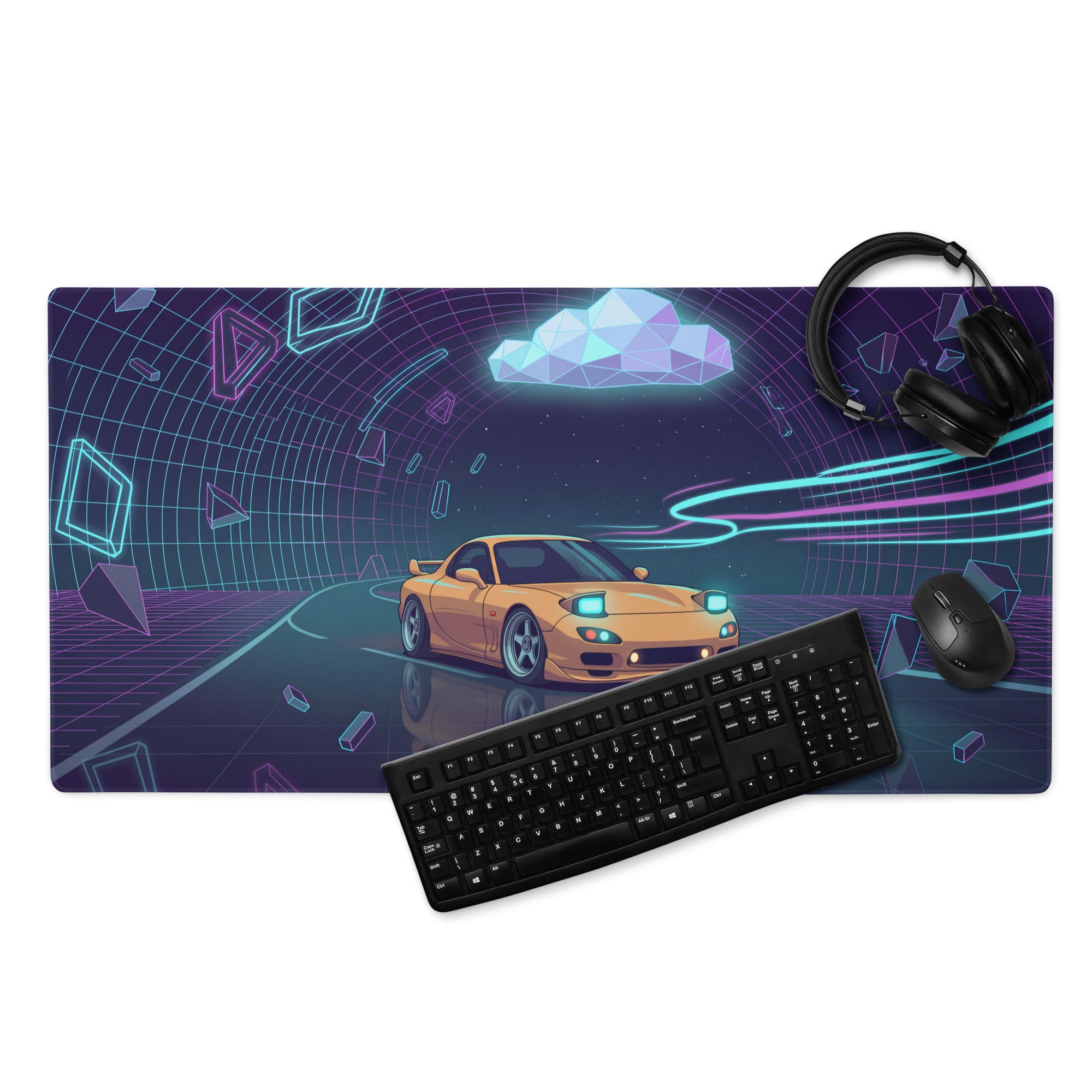 Mazda RX-7 FD Inspired Orange Purple Vaporwave Gaming Mouse Pad, Neon JDM Sports Car Desk Mat with Retro Futuristic Cyber Tunnel Artwork