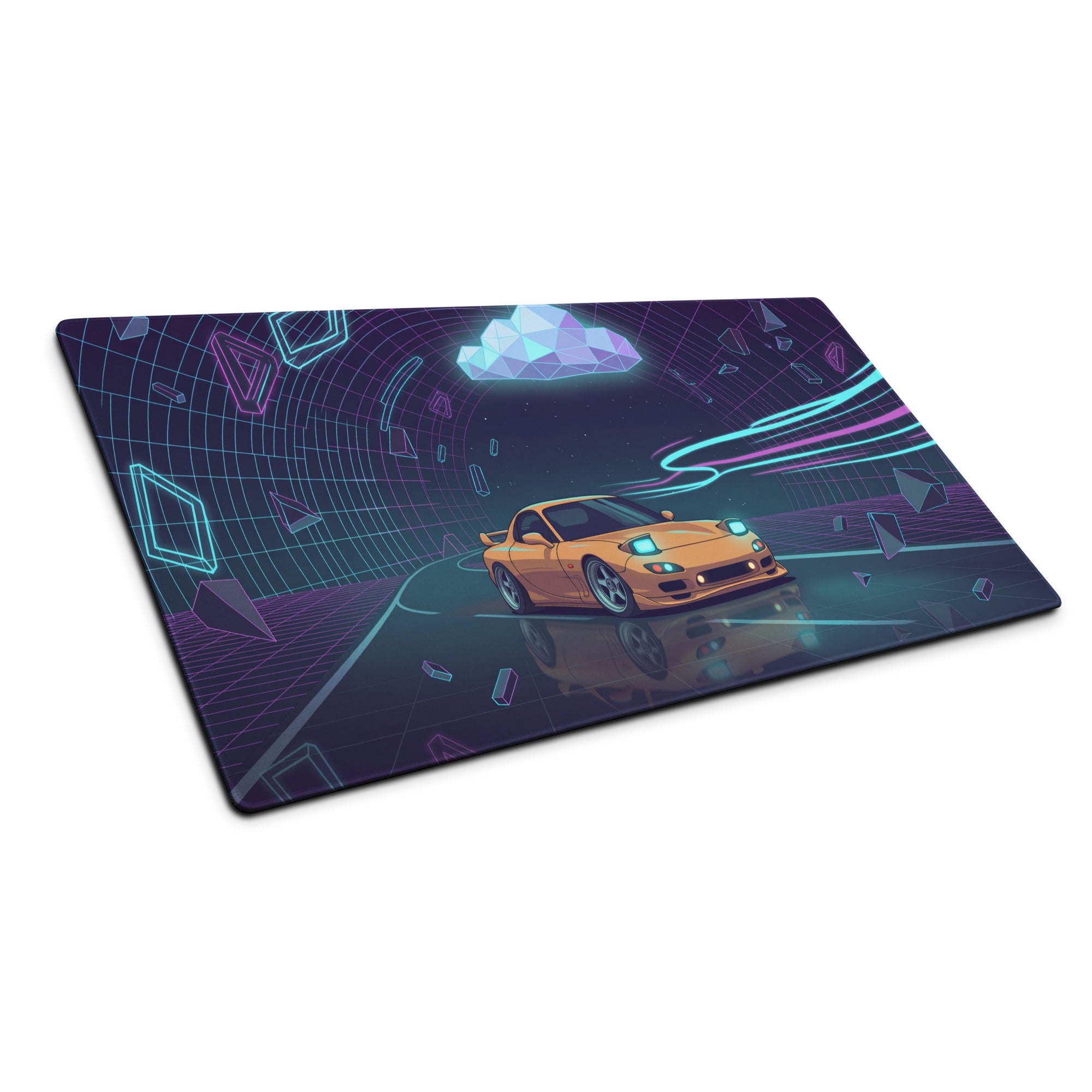 Mazda RX-7 FD Inspired Orange Purple Vaporwave Gaming Mouse Pad, Neon JDM Sports Car Desk Mat with Retro Futuristic Cyber Tunnel Artwork