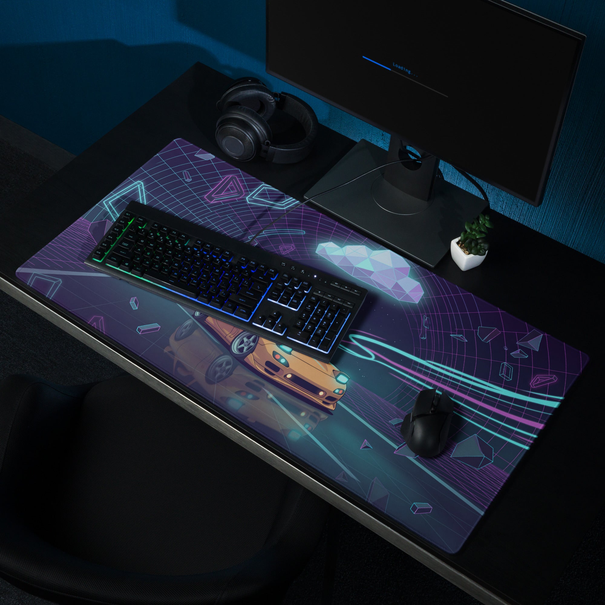 Mazda RX-7 FD Inspired Orange Purple Vaporwave Gaming Mouse Pad, Neon JDM Sports Car Desk Mat with Retro Futuristic Cyber Tunnel Artwork