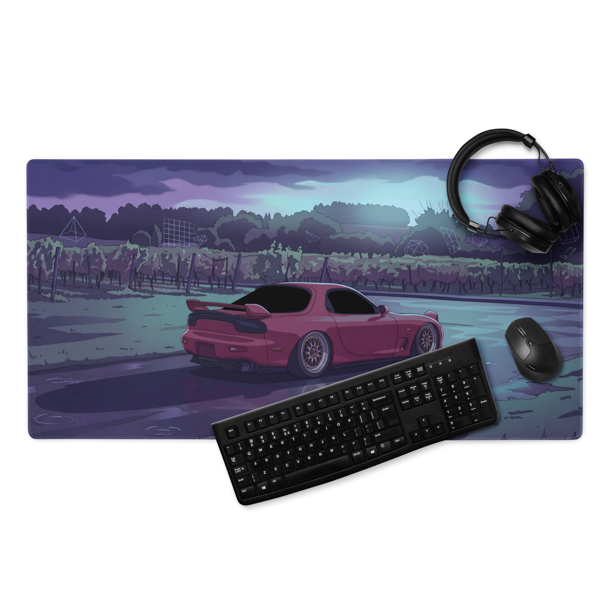 Mazda RX-7 FD Inspired Red Purple Vaporwave Gaming Mouse Pad, Neon JDM Sports Car Desk Mat with Moody Rainy Vineyard Road Artwork