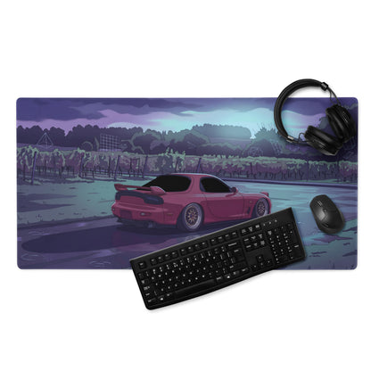 Mazda RX-7 FD Inspired Red Purple Vaporwave Gaming Mouse Pad, Neon JDM Sports Car Desk Mat with Moody Rainy Vineyard Road Artwork