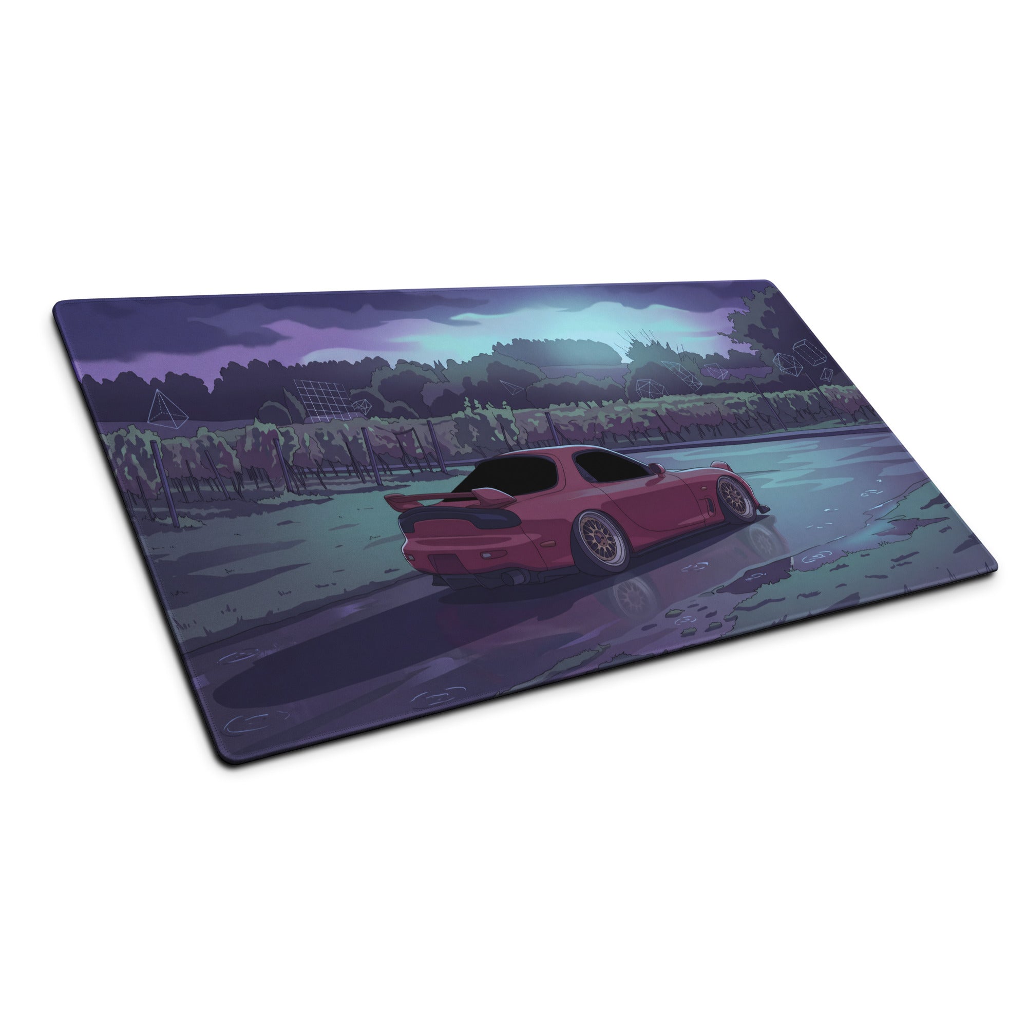 Mazda RX-7 FD Inspired Red Purple Vaporwave Gaming Mouse Pad, Neon JDM Sports Car Desk Mat with Moody Rainy Vineyard Road Artwork