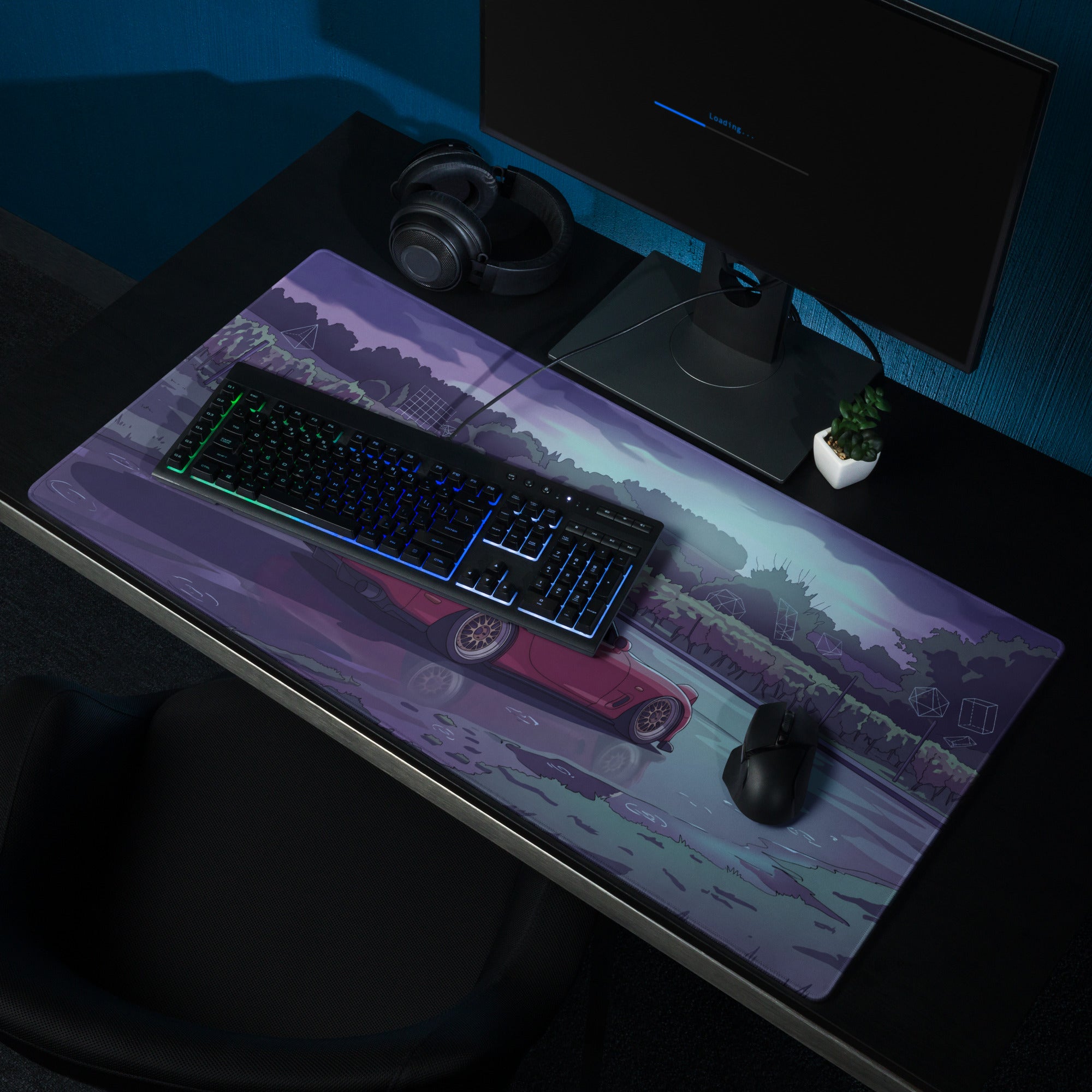 Mazda RX-7 FD Inspired Red Purple Vaporwave Gaming Mouse Pad, Neon JDM Sports Car Desk Mat with Moody Rainy Vineyard Road Artwork