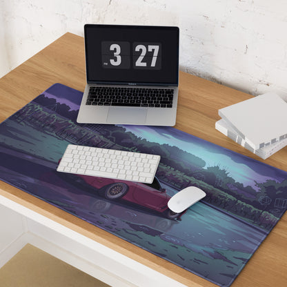 Mazda RX-7 FD Inspired Red Purple Vaporwave Gaming Mouse Pad, Neon JDM Sports Car Desk Mat with Moody Rainy Vineyard Road Artwork