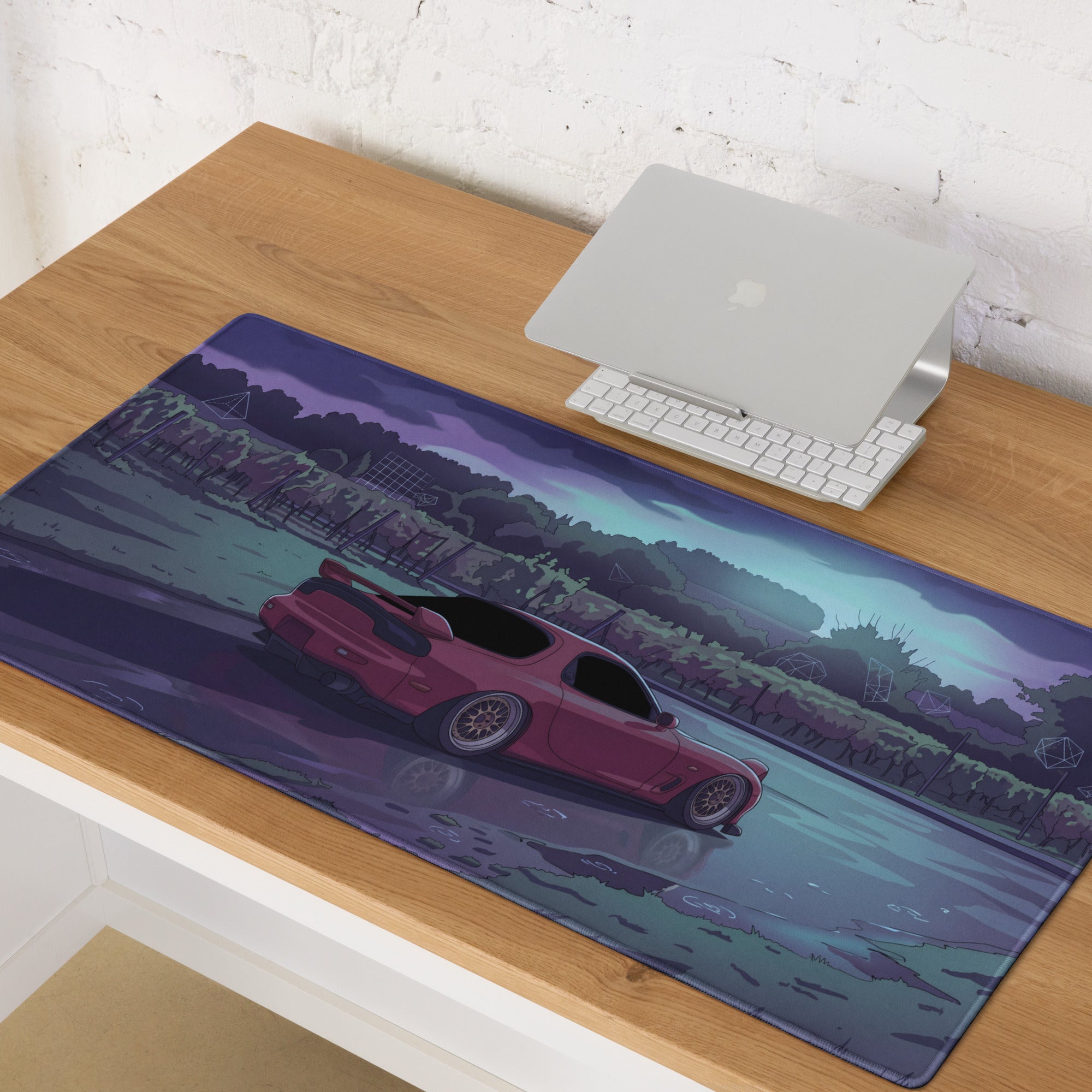 Mazda RX-7 FD Inspired Red Purple Vaporwave Gaming Mouse Pad, Neon JDM Sports Car Desk Mat with Moody Rainy Vineyard Road Artwork