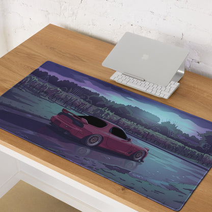 Mazda RX-7 FD Inspired Red Purple Vaporwave Gaming Mouse Pad, Neon JDM Sports Car Desk Mat with Moody Rainy Vineyard Road Artwork