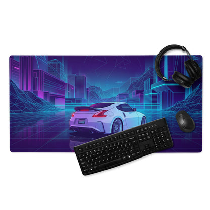 Nissan 370Z Z34 Inspired White Blue Vaporwave Gaming Mouse Pad, Neon JDM Sports Car Desk Mat with Retro Futuristic Cyber City Artwork