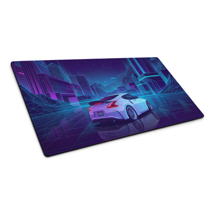Nissan 370Z Z34 Inspired White Blue Vaporwave Gaming Mouse Pad, Neon JDM Sports Car Desk Mat with Retro Futuristic Cyber City Artwork