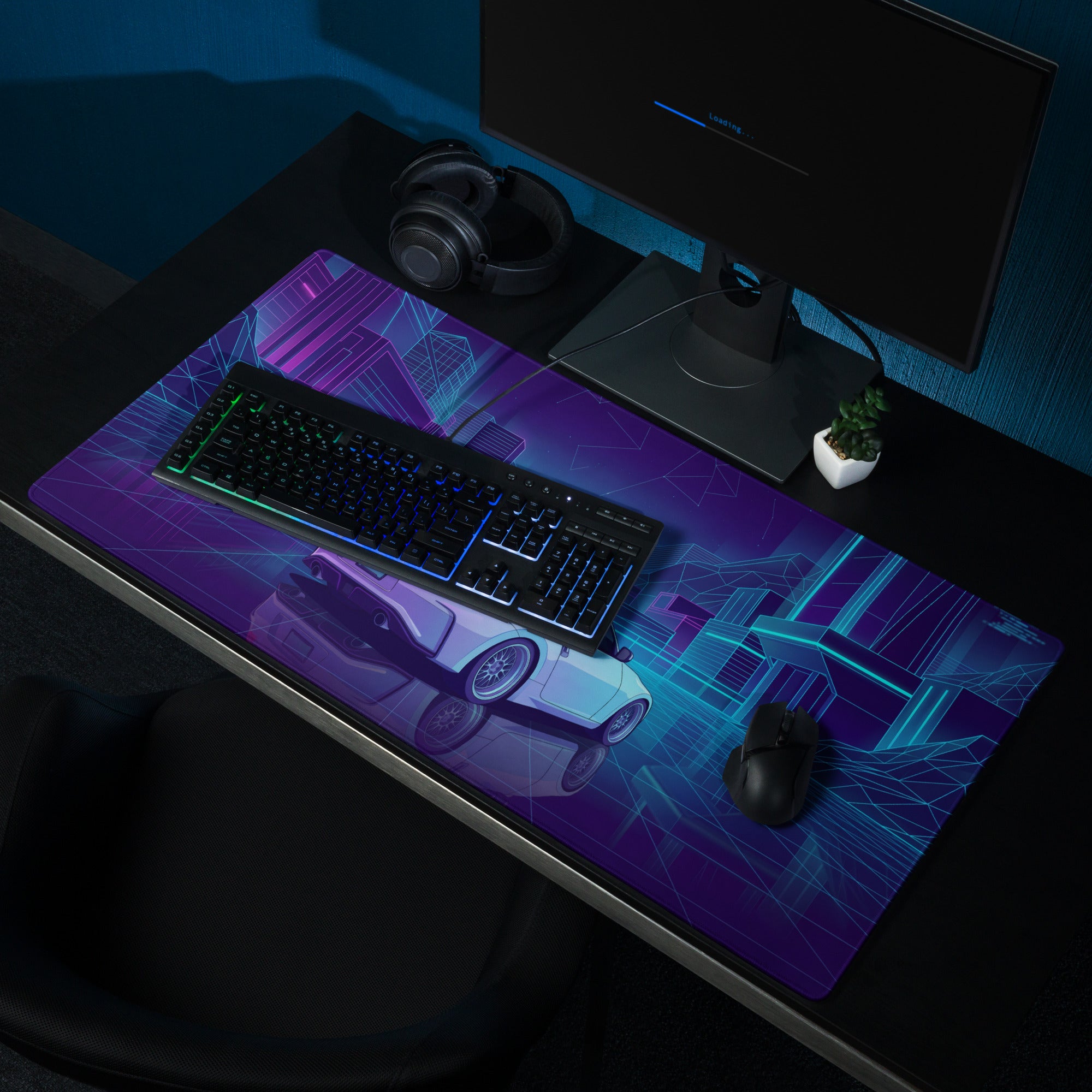 Nissan 370Z Z34 Inspired White Blue Vaporwave Gaming Mouse Pad, Neon JDM Sports Car Desk Mat with Retro Futuristic Cyber City Artwork