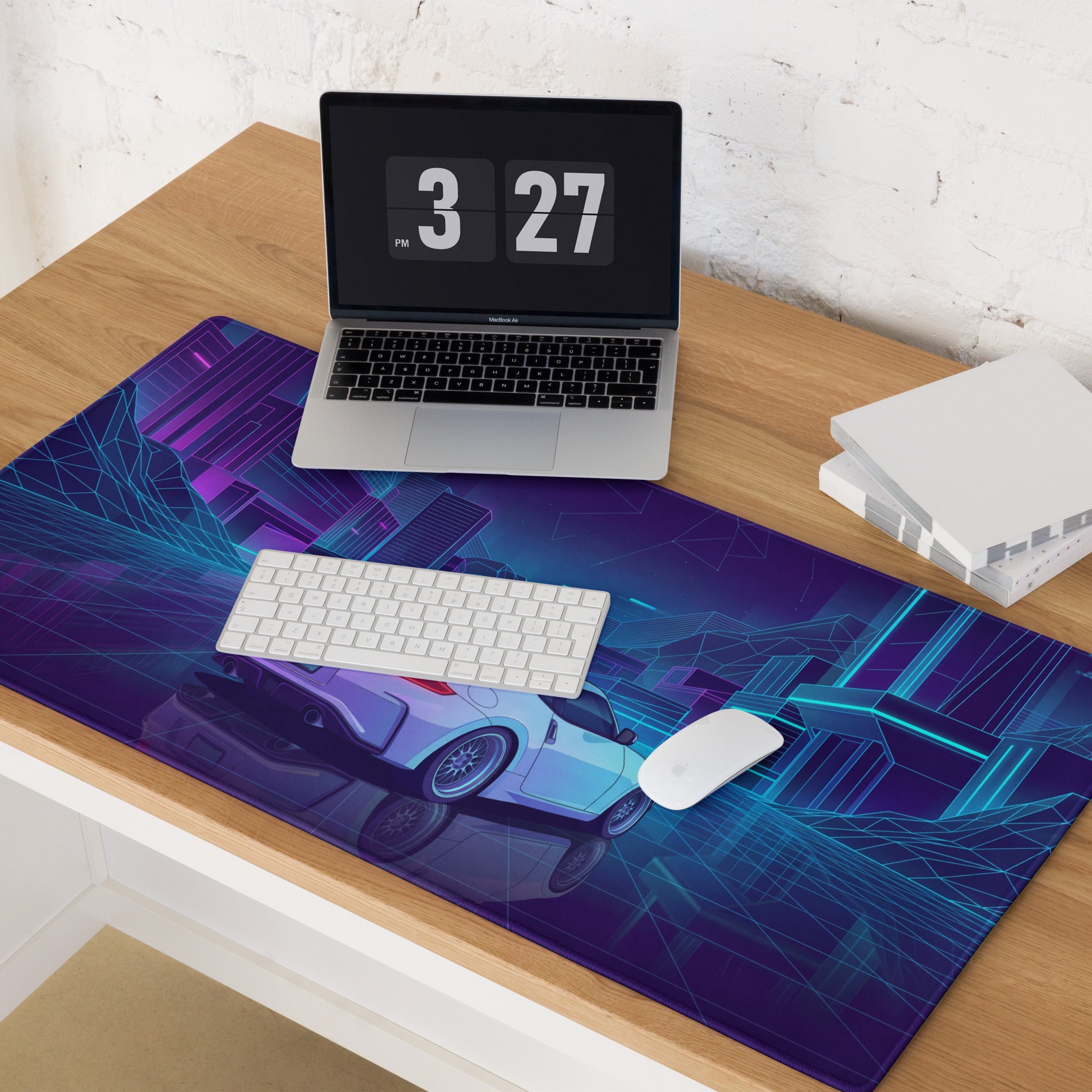 Nissan 370Z Z34 Inspired White Blue Vaporwave Gaming Mouse Pad, Neon JDM Sports Car Desk Mat with Retro Futuristic Cyber City Artwork