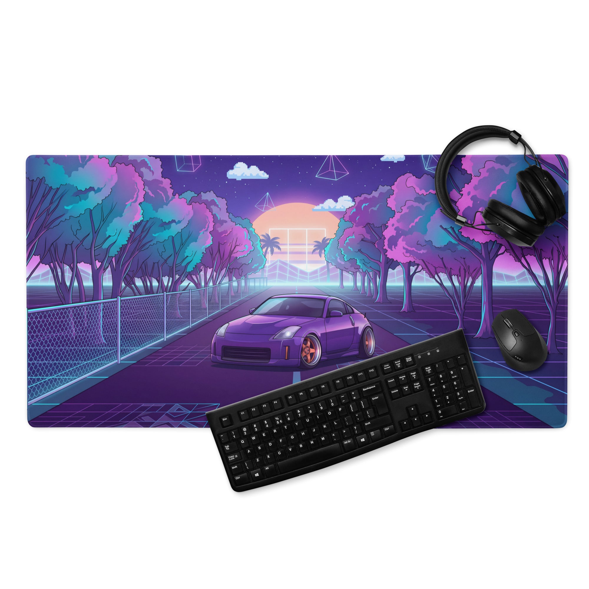 Nissan 350Z Z33 Inspired Purple Blue Vaporwave Gaming Mouse Pad, Neon JDM Sports Car Desk Mat with Retro Futuristic Forest Road Artwork