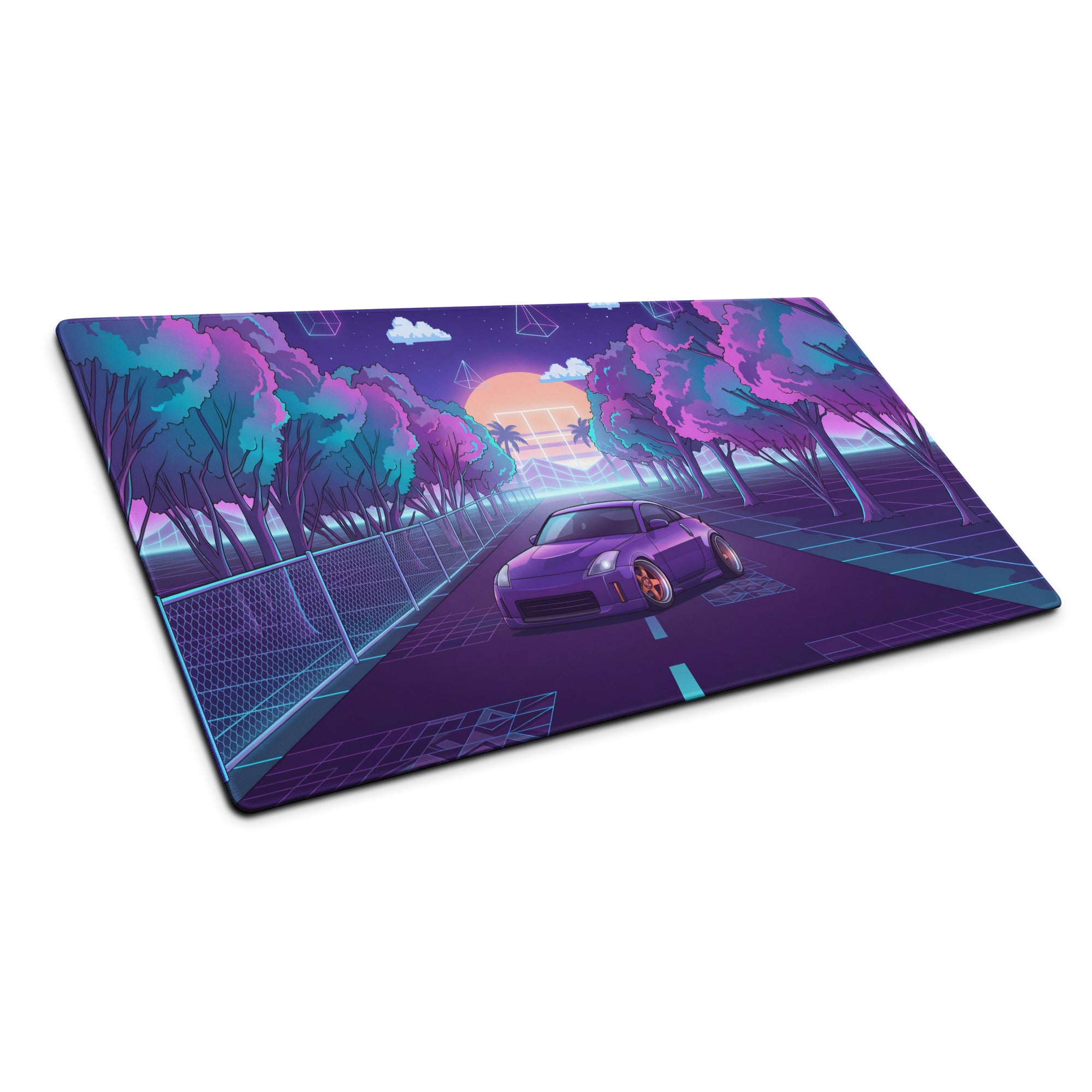 Nissan 350Z Z33 Inspired Purple Blue Vaporwave Gaming Mouse Pad, Neon JDM Sports Car Desk Mat with Retro Futuristic Forest Road Artwork