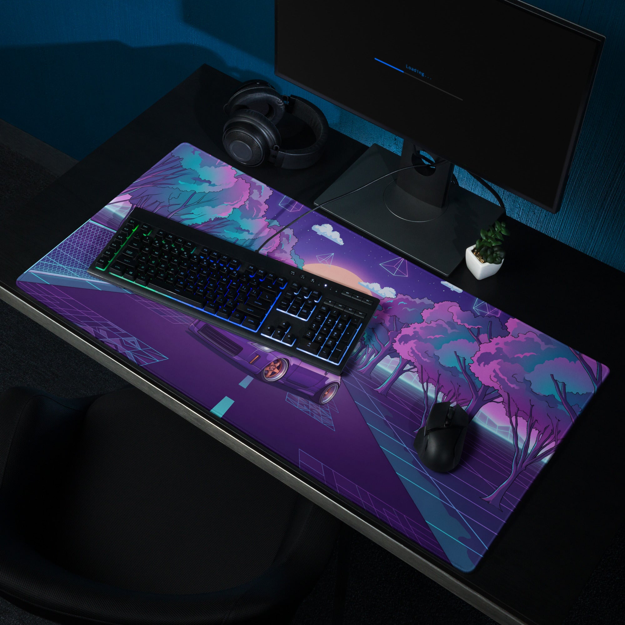 Nissan 350Z Z33 Inspired Purple Blue Vaporwave Gaming Mouse Pad, Neon JDM Sports Car Desk Mat with Retro Futuristic Forest Road Artwork