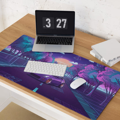 Nissan 350Z Z33 Inspired Purple Blue Vaporwave Gaming Mouse Pad, Neon JDM Sports Car Desk Mat with Retro Futuristic Forest Road Artwork