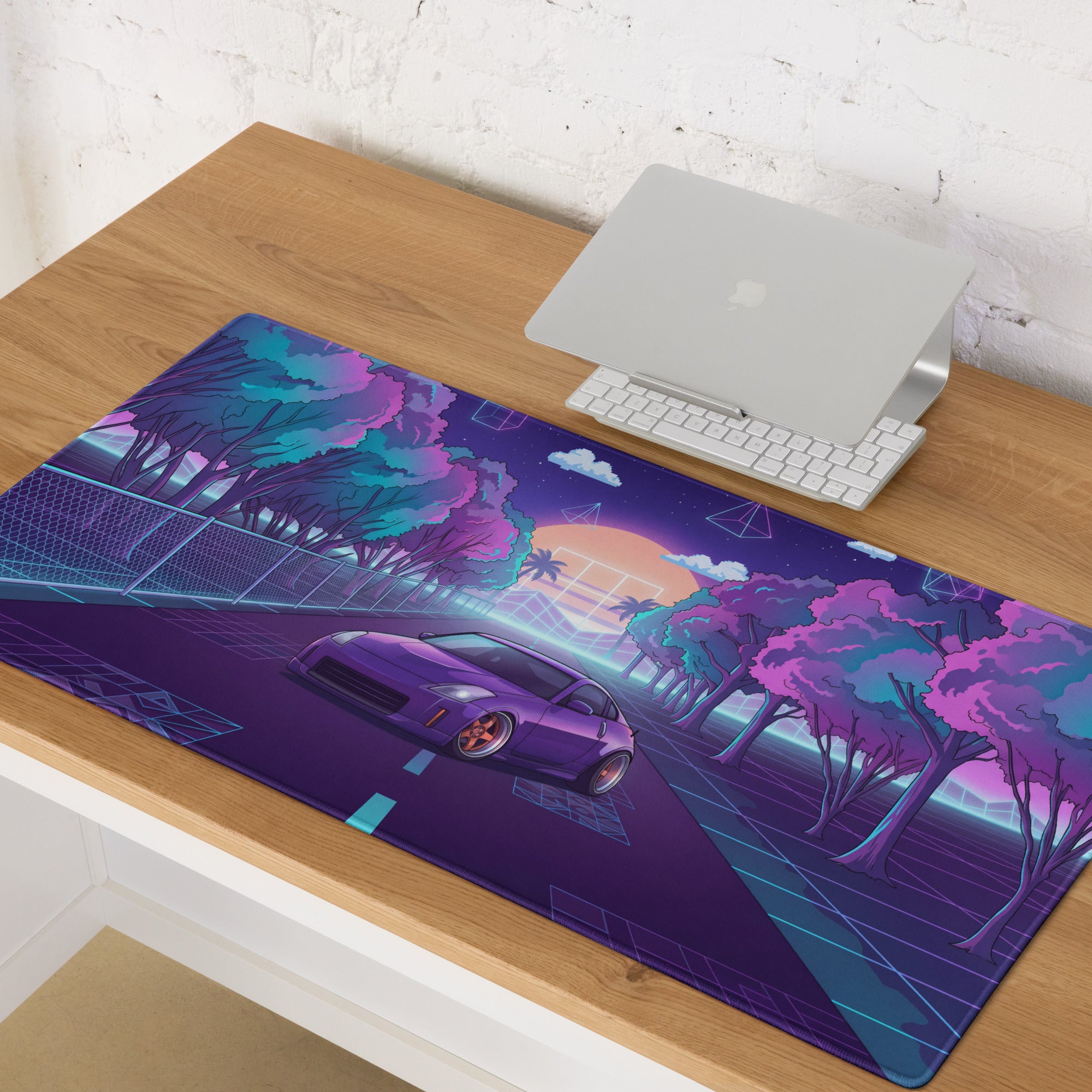 Nissan 350Z Z33 Inspired Purple Blue Vaporwave Gaming Mouse Pad, Neon JDM Sports Car Desk Mat with Retro Futuristic Forest Road Artwork
