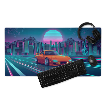 Mazda RX-7 FD Inspired Orange Blue Vaporwave Gaming Mouse Pad, Neon JDM Sports Car Desk Mat with Retro Futuristic Cyber City Highway Artwork