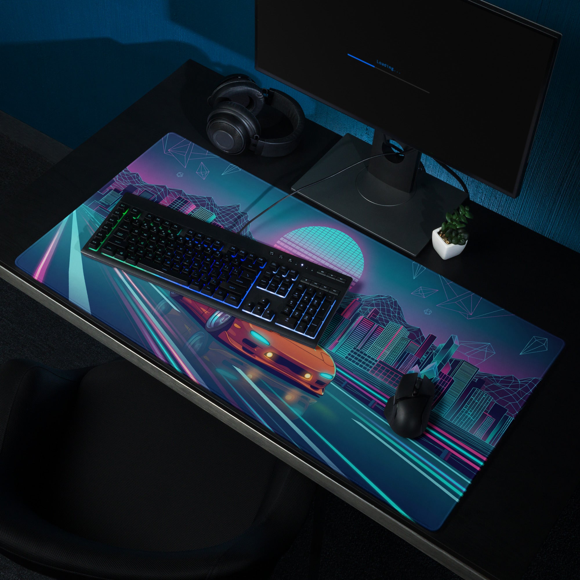 Mazda RX-7 FD Inspired Orange Blue Vaporwave Gaming Mouse Pad, Neon JDM Sports Car Desk Mat with Retro Futuristic Cyber City Highway Artwork