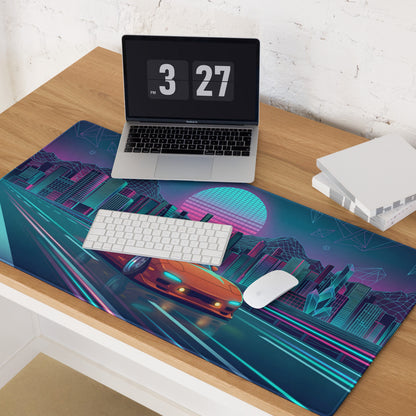 Mazda RX-7 FD Inspired Orange Blue Vaporwave Gaming Mouse Pad, Neon JDM Sports Car Desk Mat with Retro Futuristic Cyber City Highway Artwork