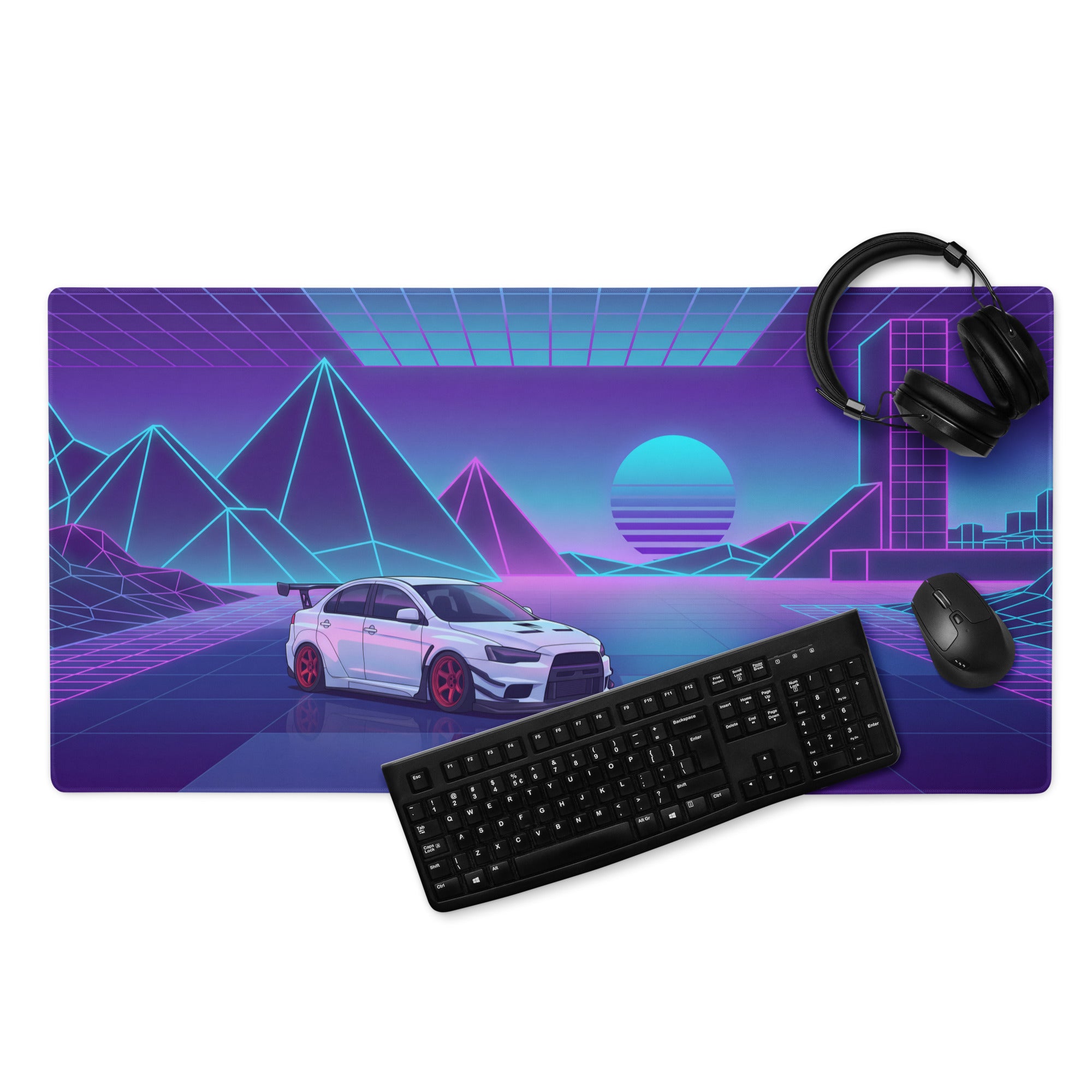 Mitsubishi Lancer Evolution X Inspired White Purple Vaporwave Gaming Mouse Pad, Neon JDM Rally Car Desk Mat with Retro Futuristic Cyber Grid Artwork