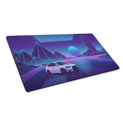 Mitsubishi Lancer Evolution X Inspired White Purple Vaporwave Gaming Mouse Pad, Neon JDM Rally Car Desk Mat with Retro Futuristic Cyber Grid Artwork