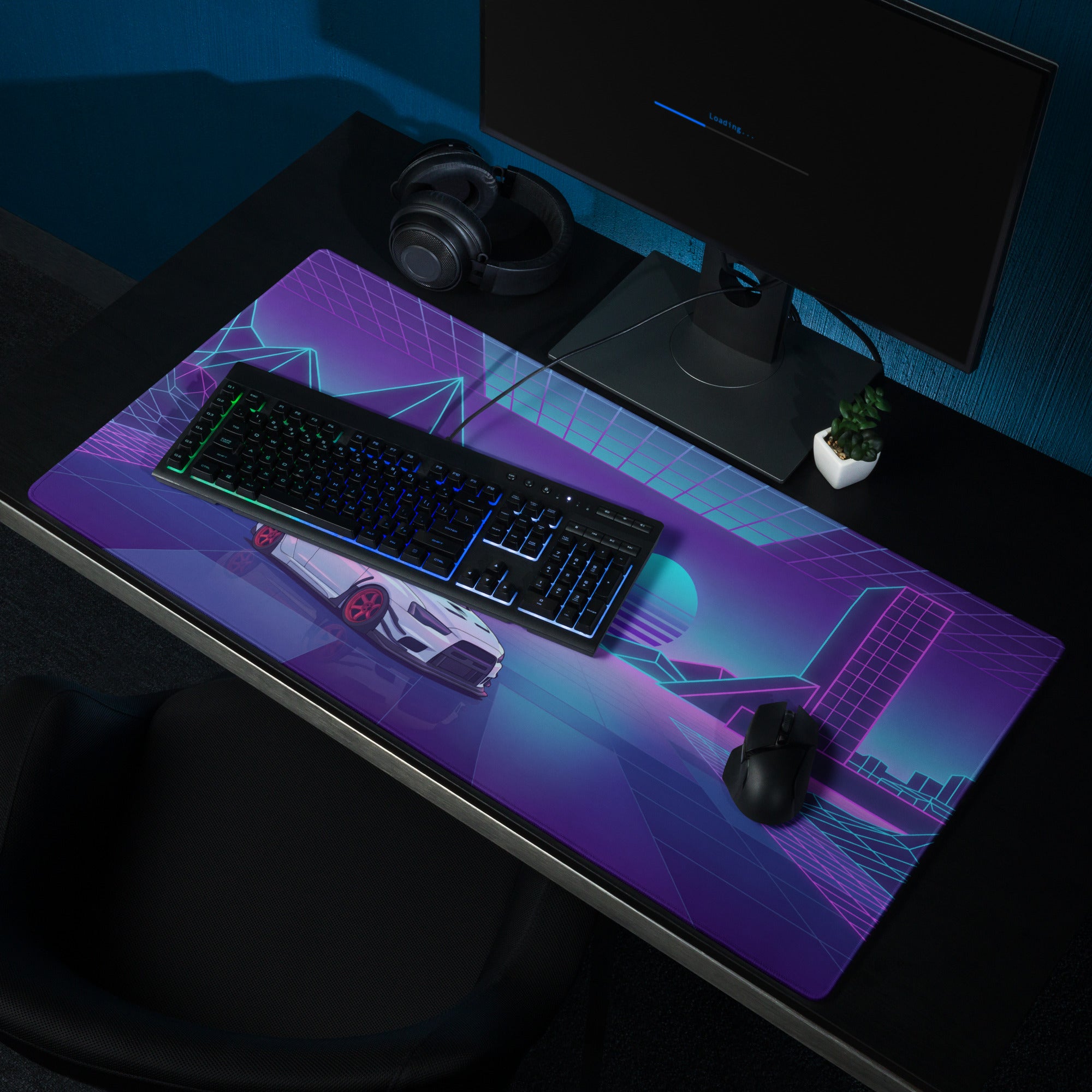 Mitsubishi Lancer Evolution X Inspired White Purple Vaporwave Gaming Mouse Pad, Neon JDM Rally Car Desk Mat with Retro Futuristic Cyber Grid Artwork