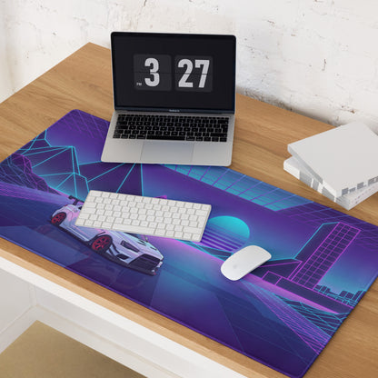 Mitsubishi Lancer Evolution X Inspired White Purple Vaporwave Gaming Mouse Pad, Neon JDM Rally Car Desk Mat with Retro Futuristic Cyber Grid Artwork