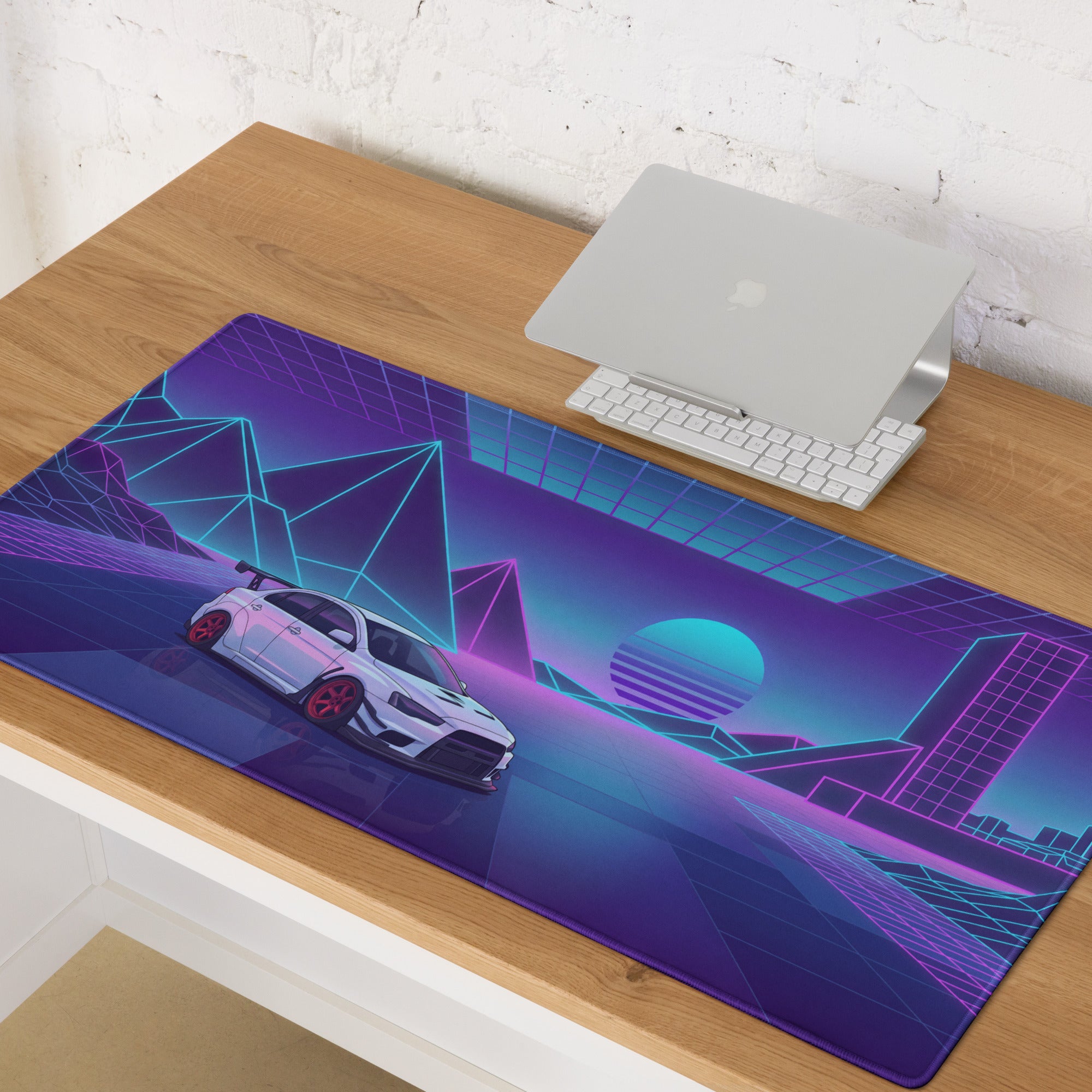 Mitsubishi Lancer Evolution X Inspired White Purple Vaporwave Gaming Mouse Pad, Neon JDM Rally Car Desk Mat with Retro Futuristic Cyber Grid Artwork