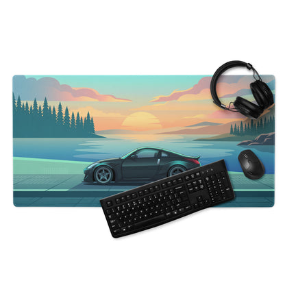 Nissan 350Z Z33 Inspired Black Teal Vaporwave Gaming Mouse Pad, JDM Sports Car Desk Mat with Retro Futuristic Lakeside Sunset Artwork