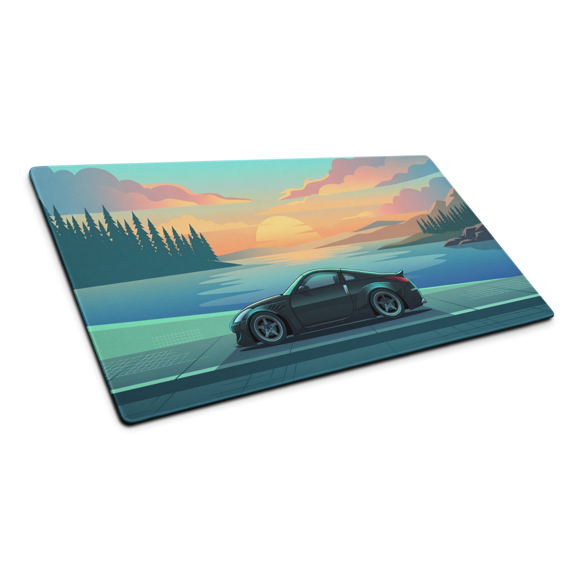 Nissan 350Z Z33 Inspired Black Teal Vaporwave Gaming Mouse Pad, JDM Sports Car Desk Mat with Retro Futuristic Lakeside Sunset Artwork