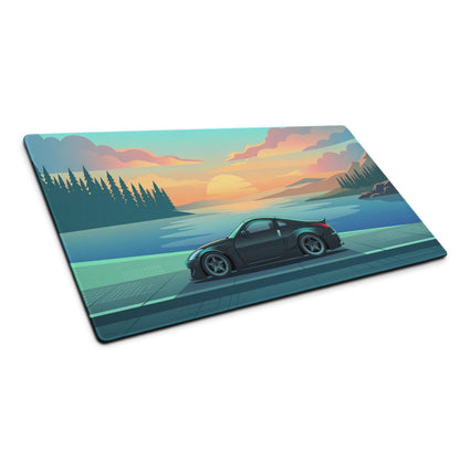 Nissan 350Z Z33 Inspired Black Teal Vaporwave Gaming Mouse Pad, JDM Sports Car Desk Mat with Retro Futuristic Lakeside Sunset Artwork