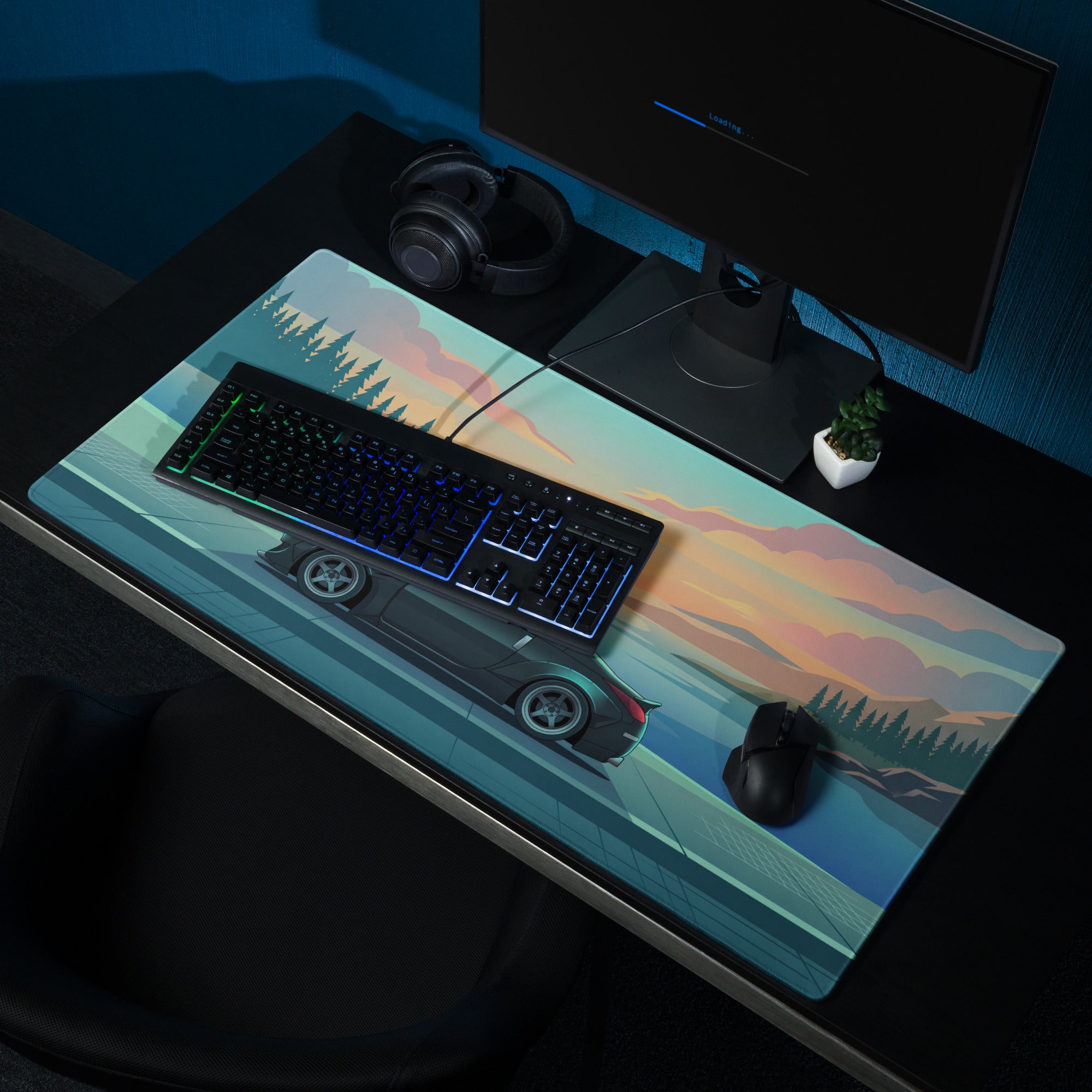 Nissan 350Z Z33 Inspired Black Teal Vaporwave Gaming Mouse Pad, JDM Sports Car Desk Mat with Retro Futuristic Lakeside Sunset Artwork