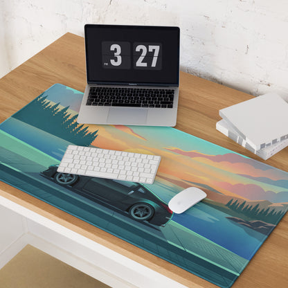 Nissan 350Z Z33 Inspired Black Teal Vaporwave Gaming Mouse Pad, JDM Sports Car Desk Mat with Retro Futuristic Lakeside Sunset Artwork