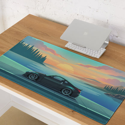Nissan 350Z Z33 Inspired Black Teal Vaporwave Gaming Mouse Pad, JDM Sports Car Desk Mat with Retro Futuristic Lakeside Sunset Artwork