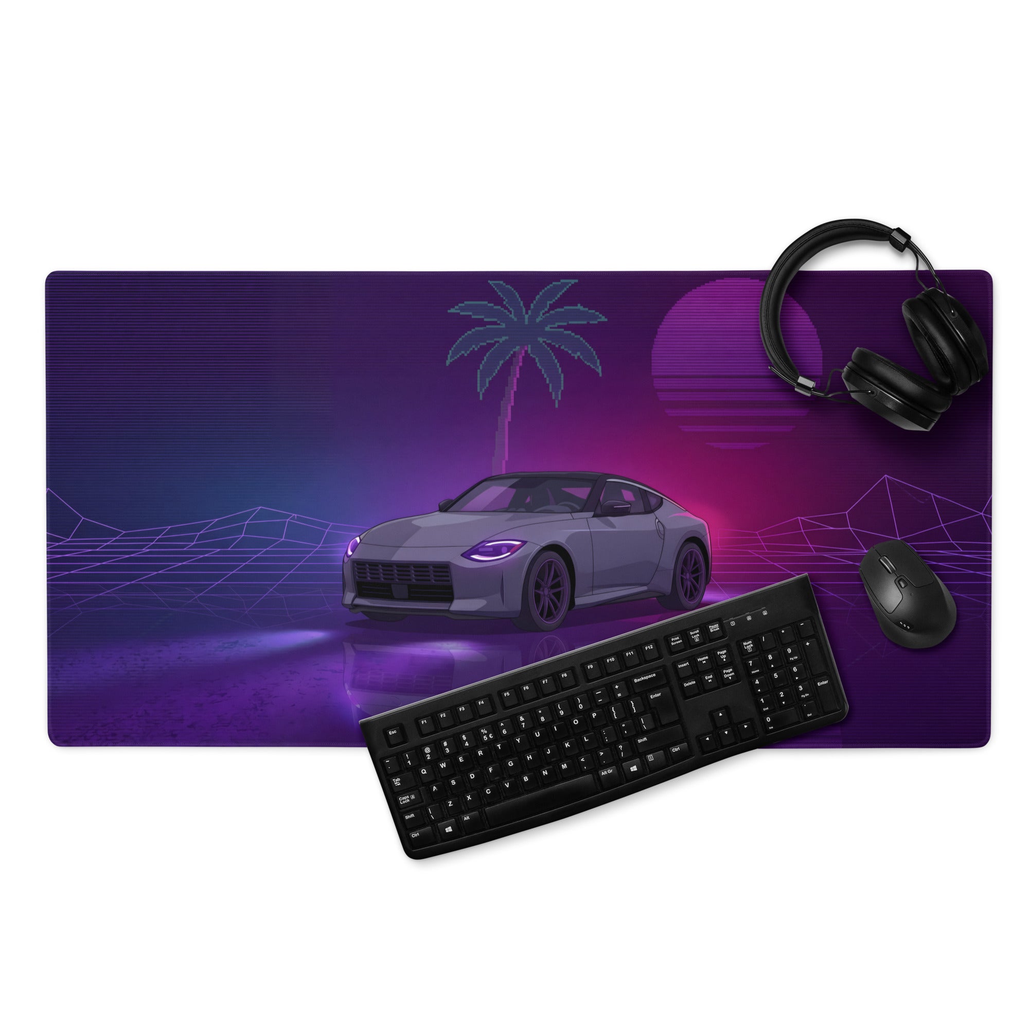 Nissan Z RZ34 Inspired Gray Purple Vaporwave Gaming Mouse Pad, Neon JDM Sports Car Desk Mat with Retro Futuristic Palm Sunset Artwork