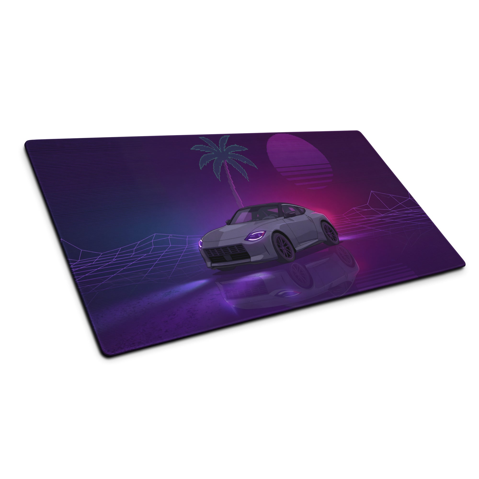 Nissan Z RZ34 Inspired Gray Purple Vaporwave Gaming Mouse Pad, Neon JDM Sports Car Desk Mat with Retro Futuristic Palm Sunset Artwork
