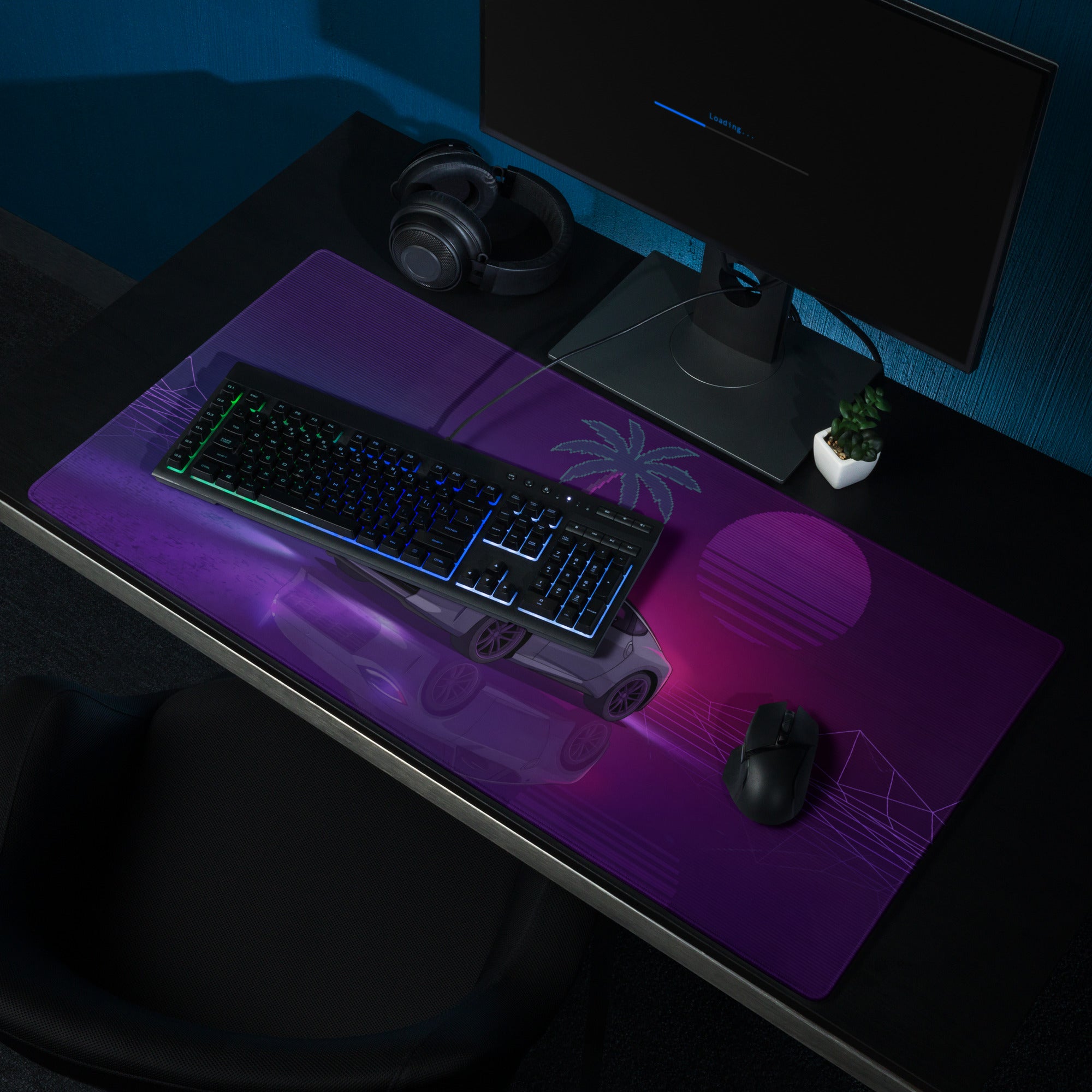 Nissan Z RZ34 Inspired Gray Purple Vaporwave Gaming Mouse Pad, Neon JDM Sports Car Desk Mat with Retro Futuristic Palm Sunset Artwork
