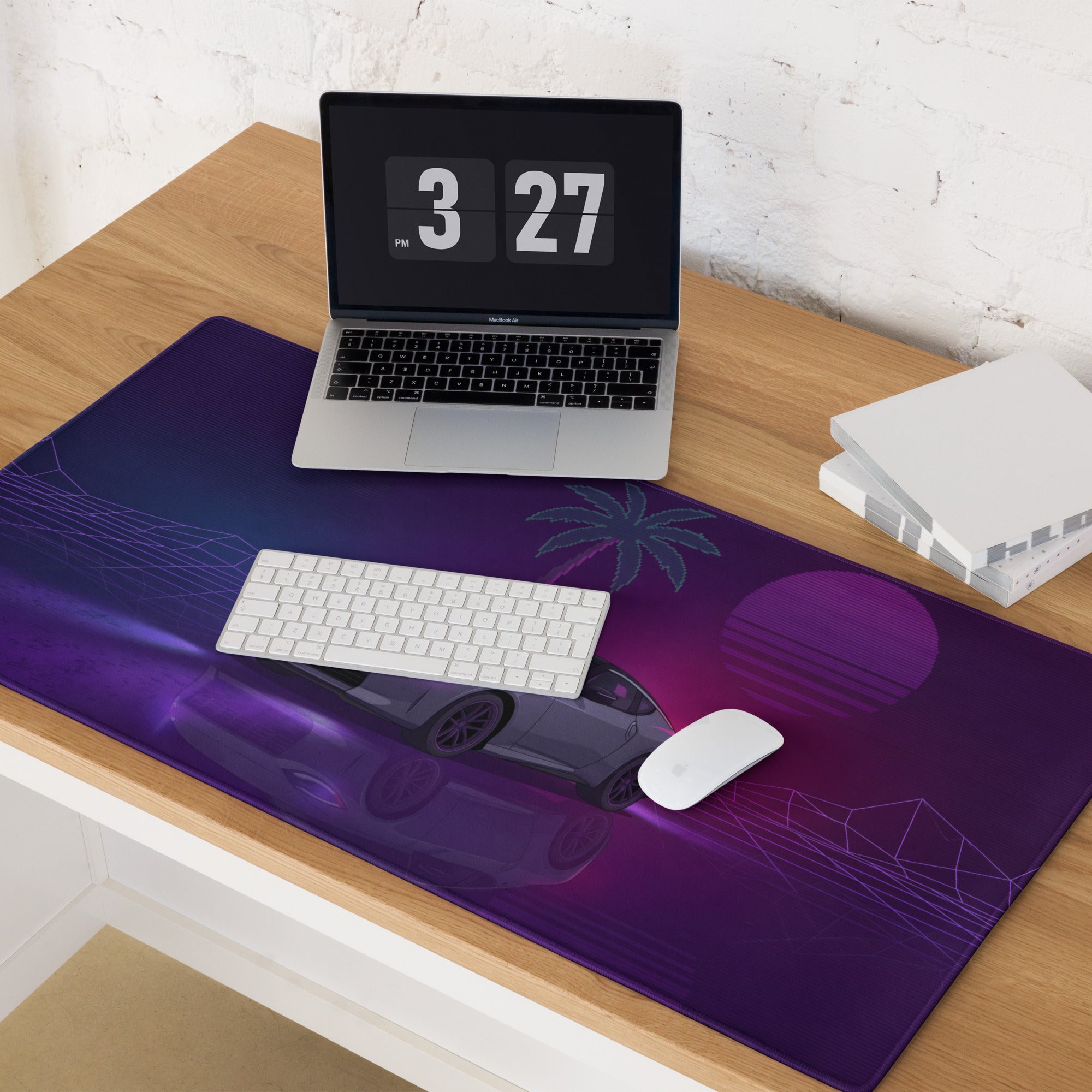 Nissan Z RZ34 Inspired Gray Purple Vaporwave Gaming Mouse Pad, Neon JDM Sports Car Desk Mat with Retro Futuristic Palm Sunset Artwork