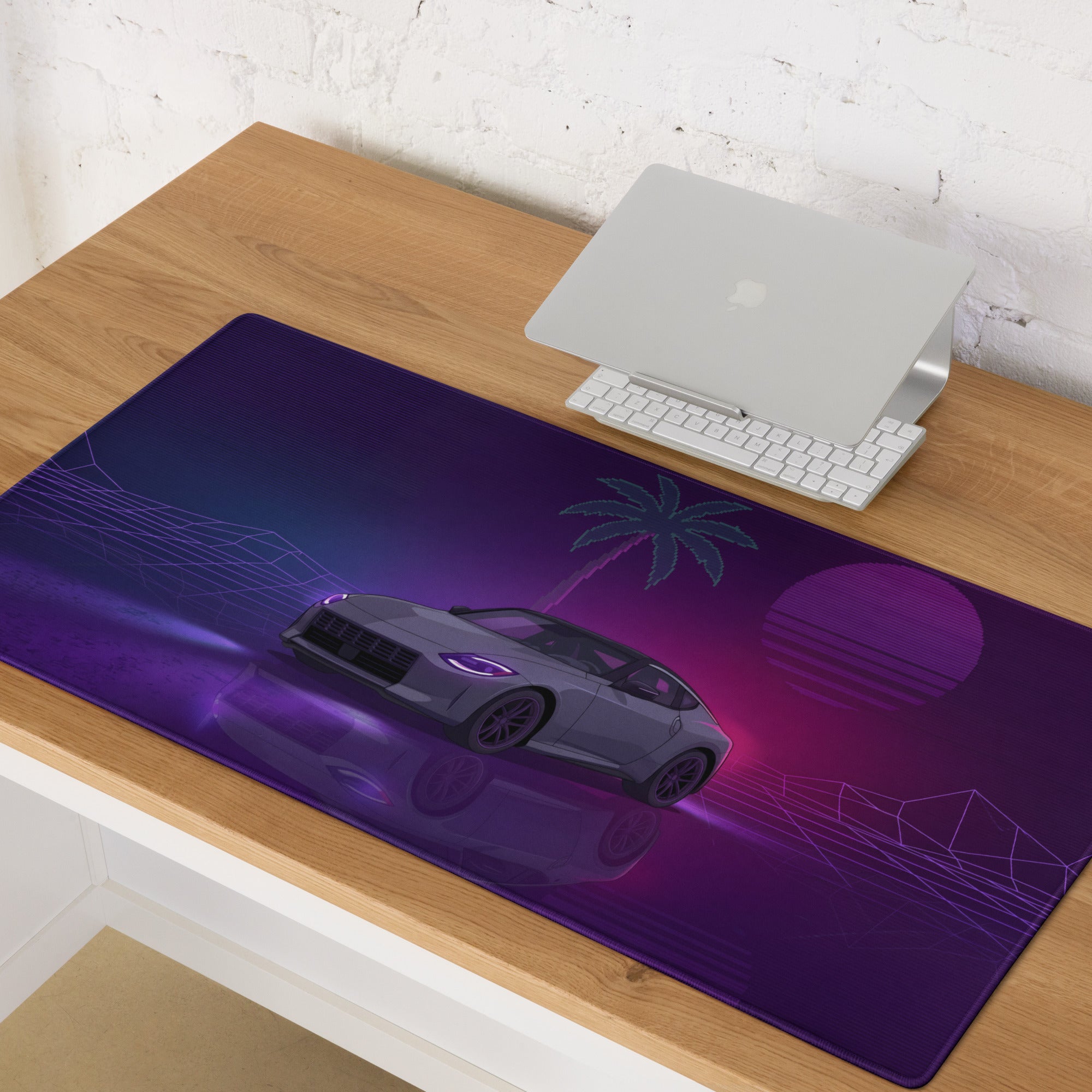 Nissan Z RZ34 Inspired Gray Purple Vaporwave Gaming Mouse Pad, Neon JDM Sports Car Desk Mat with Retro Futuristic Palm Sunset Artwork