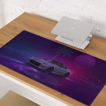 Nissan Z RZ34 Inspired Gray Purple Vaporwave Gaming Mouse Pad, Neon JDM Sports Car Desk Mat with Retro Futuristic Palm Sunset Artwork