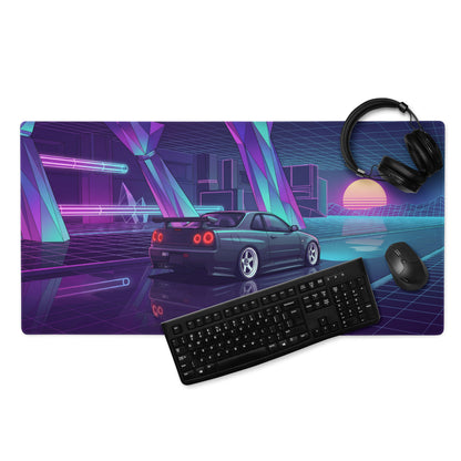 Nissan Skyline GT-R R34 Inspired Gray Purple Vaporwave Gaming Mouse Pad, Neon JDM Sports Car Desk Mat with Retro Futuristic Sunset Grid Artwork