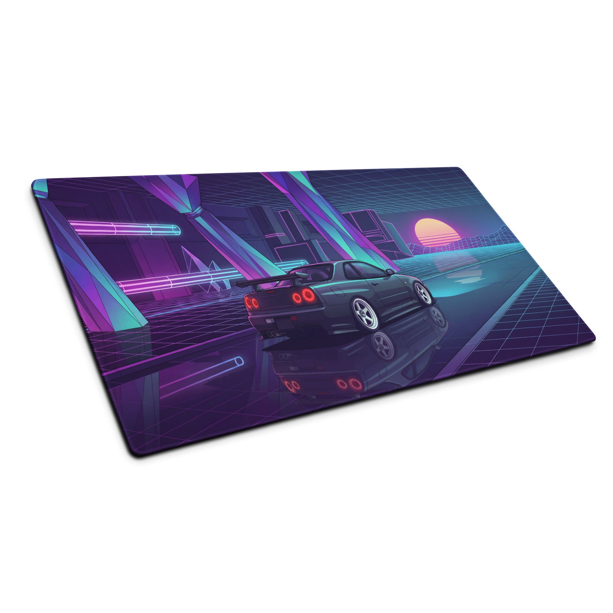 Nissan Skyline GT-R R34 Inspired Gray Purple Vaporwave Gaming Mouse Pad, Neon JDM Sports Car Desk Mat with Retro Futuristic Sunset Grid Artwork