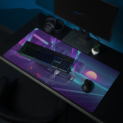 Nissan Skyline GT-R R34 Inspired Gray Purple Vaporwave Gaming Mouse Pad, Neon JDM Sports Car Desk Mat with Retro Futuristic Sunset Grid Artwork
