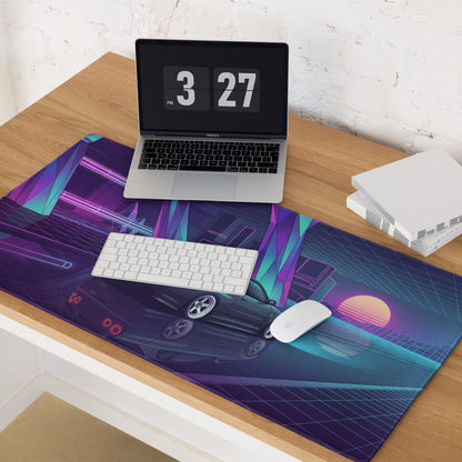 Nissan Skyline GT-R R34 Inspired Gray Purple Vaporwave Gaming Mouse Pad, Neon JDM Sports Car Desk Mat with Retro Futuristic Sunset Grid Artwork